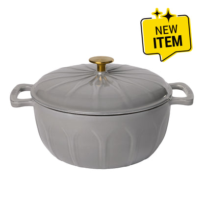 A light gray enameled cast iron pot with a matching lid, featuring a ribbed pumpkin-like design, side handles, and a gold-toned knob. A badge saying "New Item" is displayed in corner.