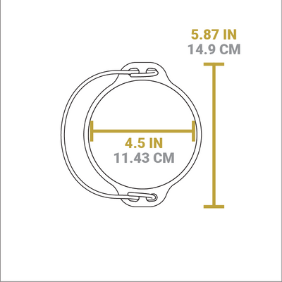 Dimensional drawing of product. Width is 5.87 inches, diameter of cooking area is 4.5 inches.