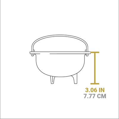 Dimensional drawing of product. Height of cauldron is 3.06 inches.