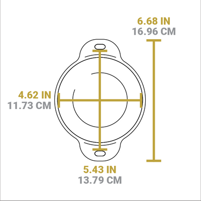 Dimensional drawing of product. Width including handles is 6.68 inches, length of cooking area is 4.62 inches.