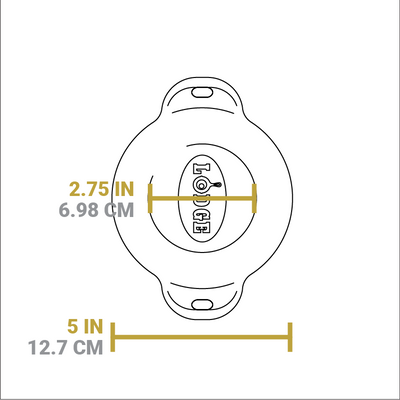 Dimensional drawing of product. Width of flat bottom is 2.75 inches, total width is 5 inches.