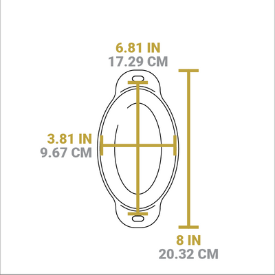 Dimensional drawing of product. Width of bowl is 6.81 inches, length of bowl is 3.81 inches, and total width is 8 inches.