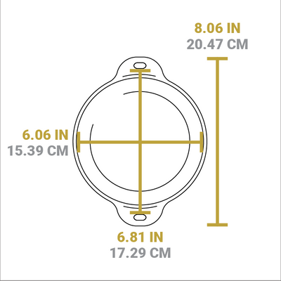Dimensional drawing of product. Total width including handles is 8.06 inches, length of cooking surface is 6.06 inches.