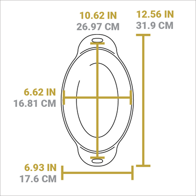 Dimensional drawing of product. Total width is 12.56 inches, width of bowl is 10.62 inches, length of bowl is 6.62 inches, total length is 6.93 inches.