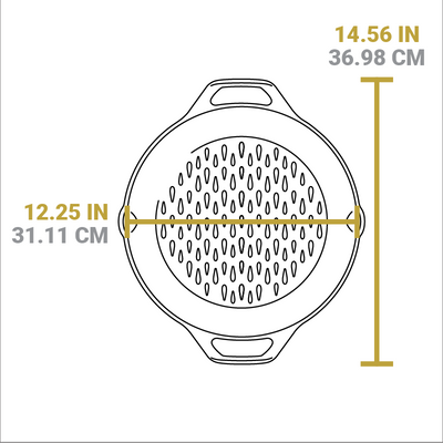 Dimensional drawing of product. Total width including handles is 14.56 inches, total length from pour pout to pour spot is 12.25 inches.