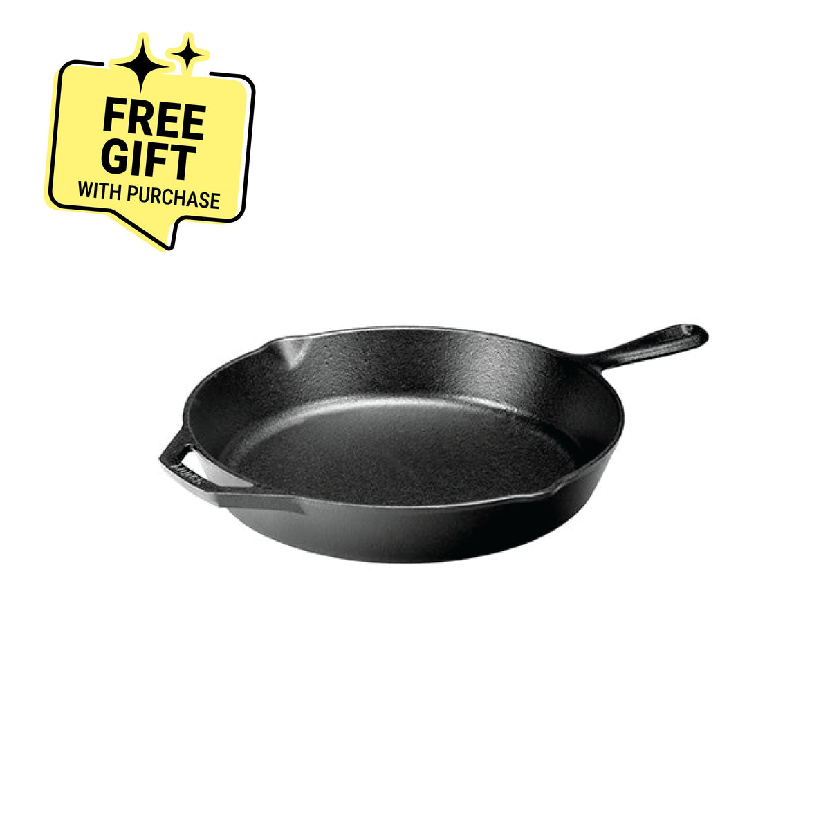 Cast iron skillet with one long handle and one assist handle on opposite side, there's a pour spout on the left and right side. Featuring a badge saying " Free gift with purchase".