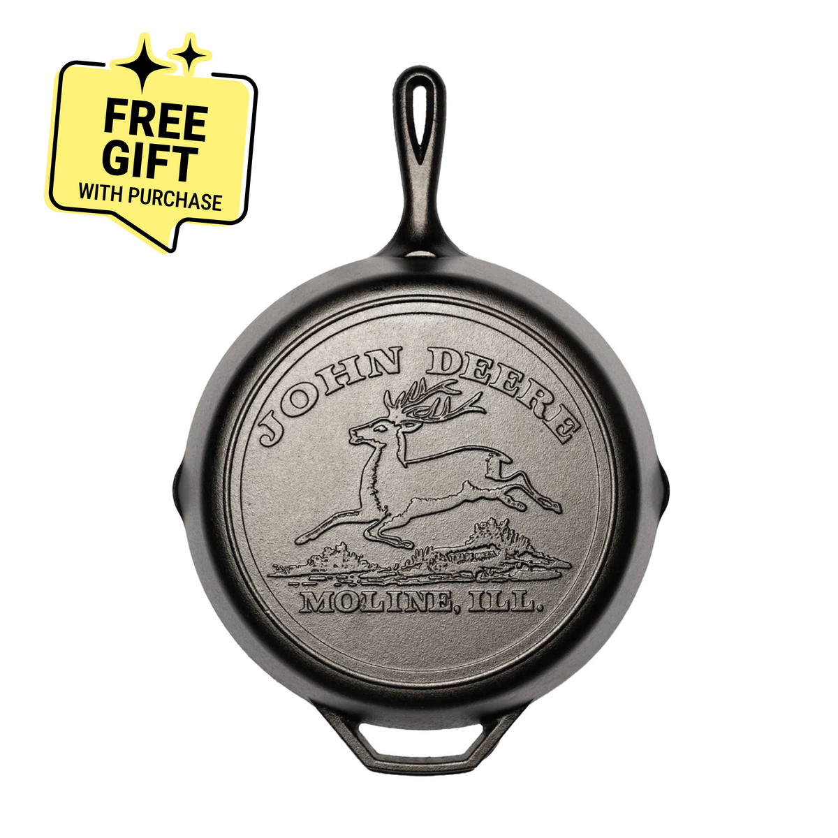 A cast iron skillet featuring the John Deere logo with a running deer emblem and the text 'JOHN DEERE' and 'MOLINE, ILL.' engraved on the back. Featuring a badge saying "Free Gift with Purchase".