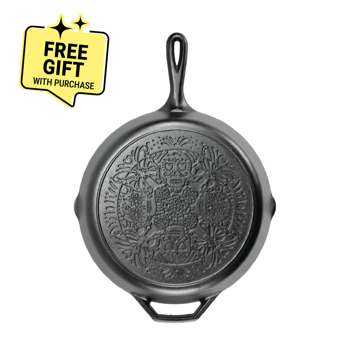 A black cast iron skillet with a butterfly sugar skull design on bottom of skillet. Featuring a badge saying "Free Gift with Purchase".