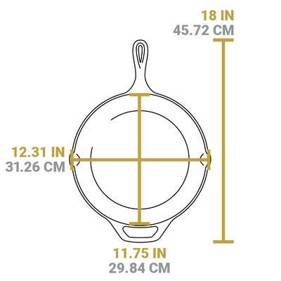 Dimensional drawing of product. Total length is 18 inches, length of cooking surface is 11.75, width of cooking surface is 12.31 inches.