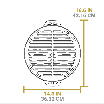 Dimensional drawing of product. Total width is 16.6 inches, total length is 14.3 inches.