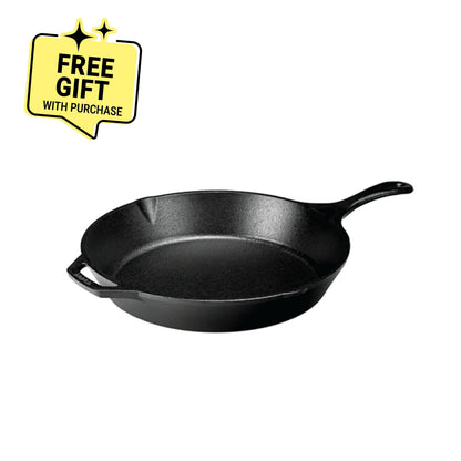Cast iron skillet with one long handle and one assist handle on opposite side, there's a pour spout on the left and right side. Featuring a badge saying " Free gift with purchase".