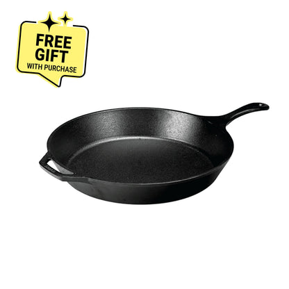 Cast iron skillet with one long handle and one assist handle on opposite side, there's a pour spout on the left and right side. Featuring a badge saying " Free gift with purchase".
