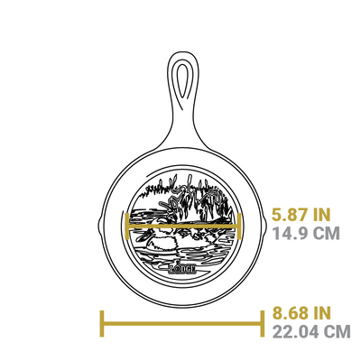 Dimensional drawing of product. Flat bottom width is 5.87 inches, full width of skillet is 8.68 inches.
