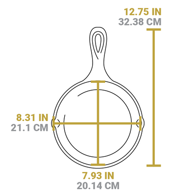 Dimensional drawing of product. Total length including handles is 12.75 inches, width of cooking surface from pour spout to pour spout is 8.31 inches, length of cooking surface is 7.93 inches.