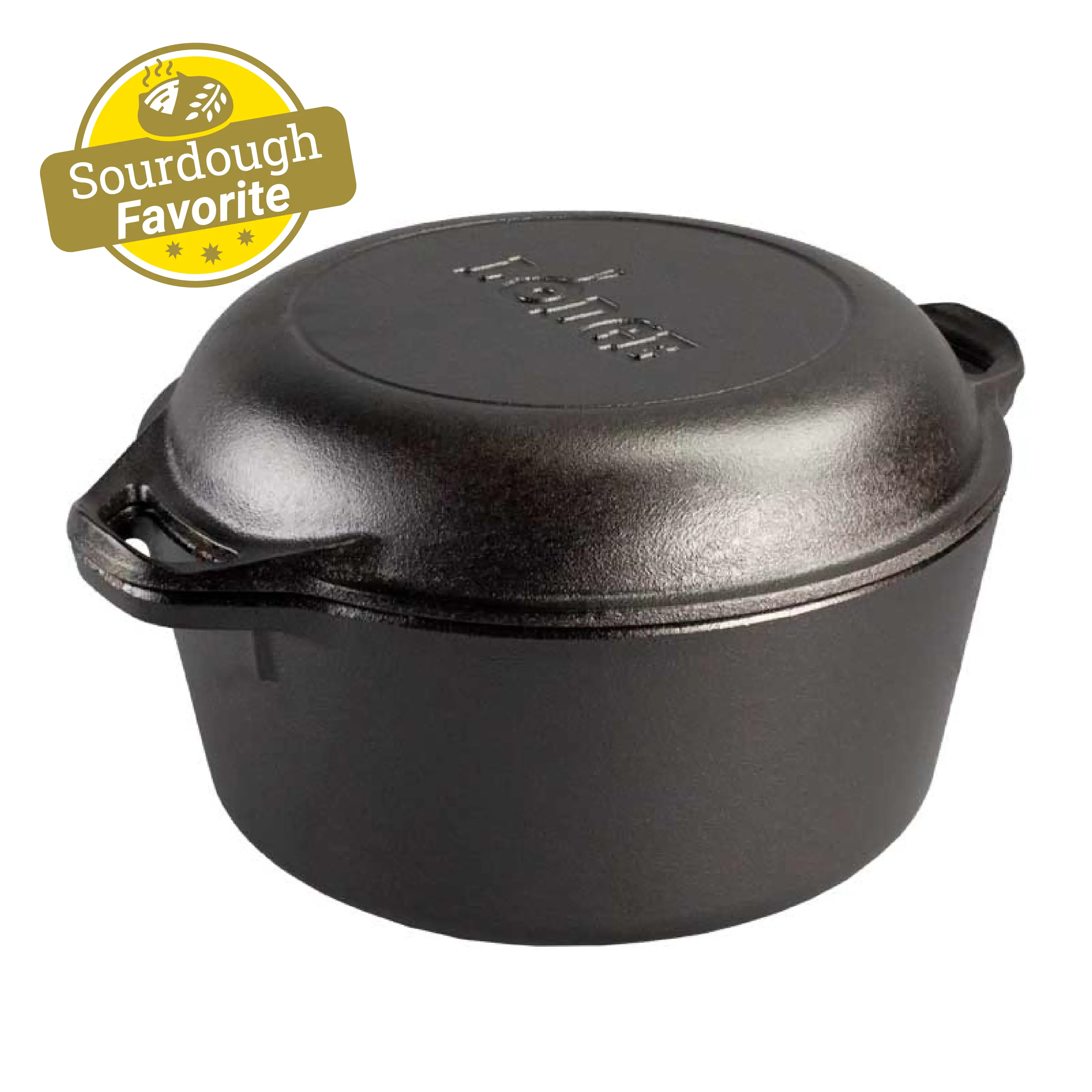 Black cast iron Dutch oven with a lid on a white background, featuring a 'Sourdough Favorite' badge.