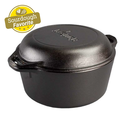 Black cast iron Dutch oven with a lid on a white background, featuring a 'Sourdough Favorite' badge.