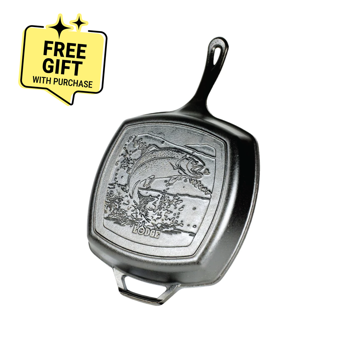 A black cast iron square grill pan with a embossed fish and wildlife design on the back of cooking surface. Featuring a badge saying "Free Gift with Purchase".