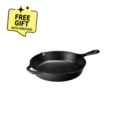 Cast iron skillet with one long handle and one assist handle on opposite side, there's a pour spout on the left and right side. Featuring a badge saying " Free gift with purchase".