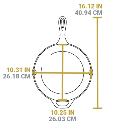 Dimensional drawing of product. Length including handles is 16.12 inches, width of cooking surface from pour spout to pour spout is 10.31 inches, length of cooking surface is 10.25 inches.