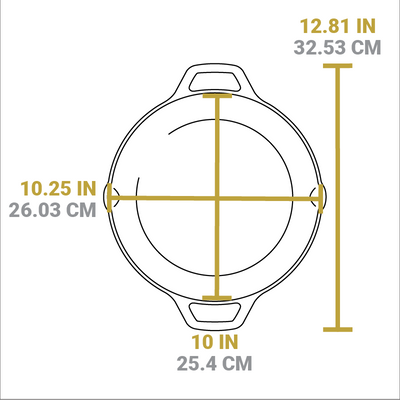 Dimensional drawing of product. Total length including handles is 12.81 inches, width of cooking surface from pour spout to pour spout is 10.25 inches, length of cooking surface is 10 inches.