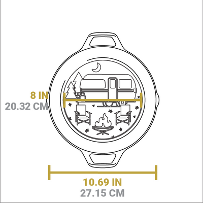 Dimensional drawing of product. Width of flat bottom is 8 inches, total width is 10.69 inches.