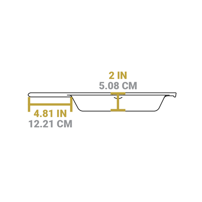 Dimensional drawing of product. Length of handle is 4.81 inches, depth of cooking surface is 2 inches.
