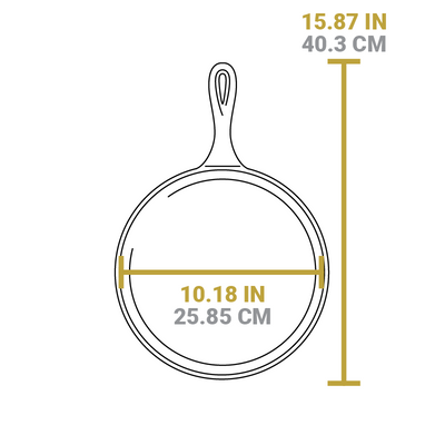 Dimensional drawing of griddle. Total length including handle is 15.87 inches, width of cooking area is 10.18 inches.