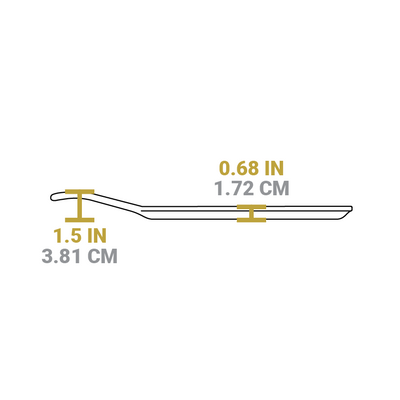 Dimensional drawing of griddle. Height including handle is 1.5 inches, height of griddle is 0.68 inches.