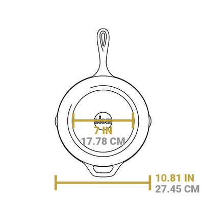 Dimensional drawing of the skillet. Flat bottom is 7 inches, full bottom width is 10.81 inches.