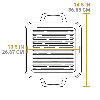 Dimensional drawing of grill pan. Width of pan including handles is 14.5 inches, length of cooking surface is 10.5 inches.