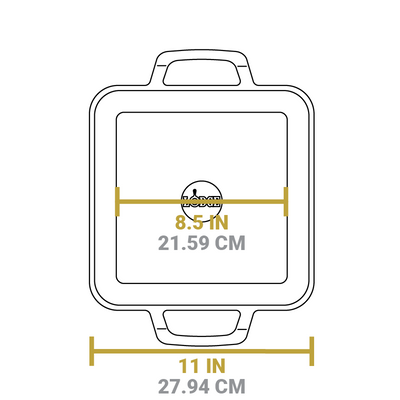 Dimensional drawing of grill pan. Total length is 11 inches, length of flat bottom is 8.5 inches.