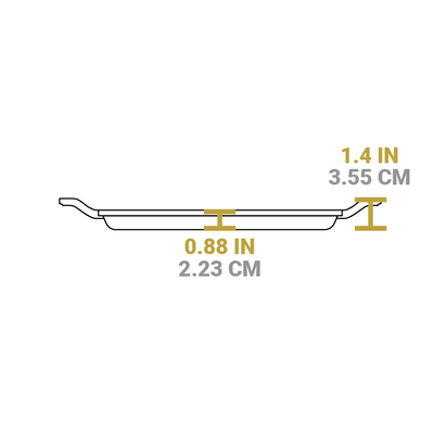 Dimensional drawing of product. Height of handles is 1.4 inches, depth of cooking surface is 0.88 inches.