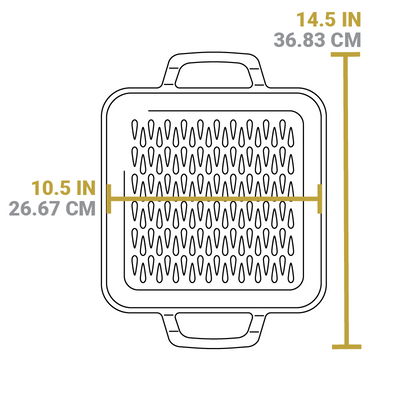 Dimensional drawing of product. Total width including handles is 14.5 inches, length of interior is 10.5 inches.