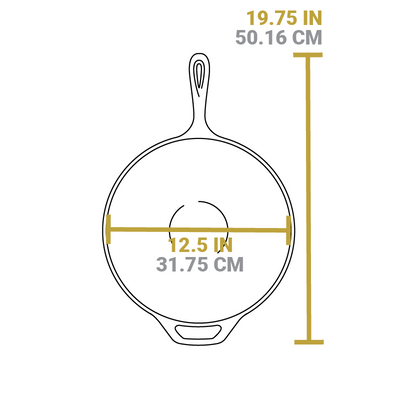 Dimensional drawing of product. Total length including handle sis 19.75 inches, width of wok is 12.5 inches.