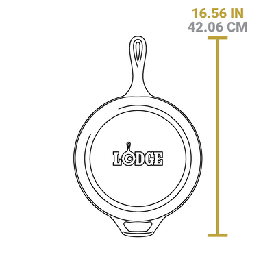 Dimensional drawing of skillet piece. Total length is 16.56 inches.