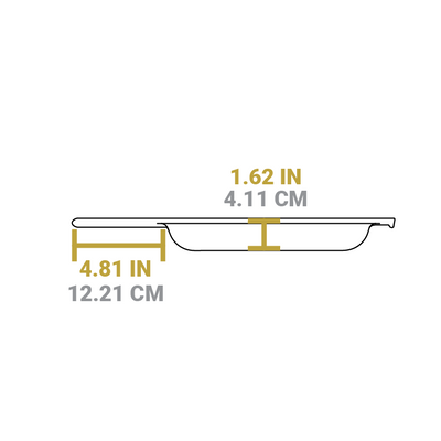 Dimensional drawing of skillet piece. Length of handle is 4.81 inches, depth of skillet is 1.62 inches.