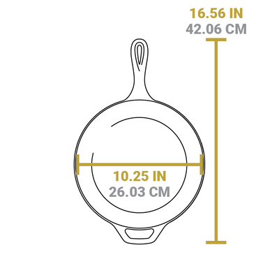 Dimensional drawing of deep skillet piece. Total width including handles is 16.56 inches, length of cooking area is 10.25 inches.