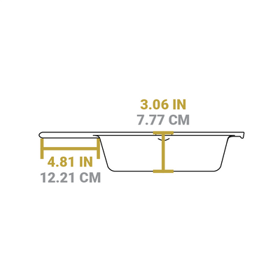 Dimensional drawing of deep skillet piece. Length of handle is 4.81 inches, height of skillet is 3.06 inches.