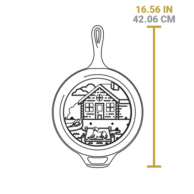 Dimensional drawing of skillet piece. Total length including handles is 16.5 inches.