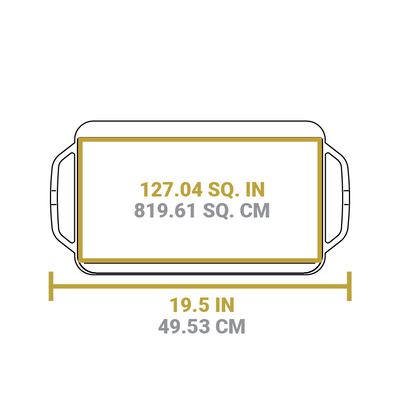 Dimensional drawing of product.  Full width is 19.5 inches, cooking area is 127.04 square inches.