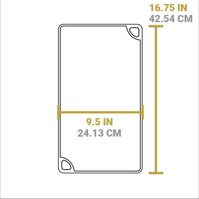 Dimensional drawing of product. Full length is 9.5 inches, width is 16.75 inches.