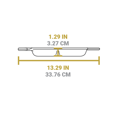 Dimensional drawing of product. Height is 1.29 inches, full product width is 13.29 inches including handles.
