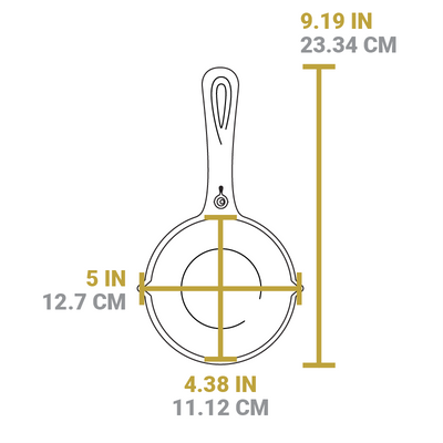 Dimensional drawing of product. Length including handles is 9.19 inches, width of bowl from pour spout to pour spout is 5 inches, length of bowl is 4.38 inches.