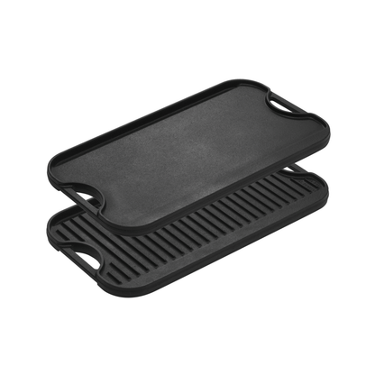 Black cast iron, rectangular griddle/grill pan with 2 handles on short sides.