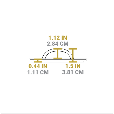 Dimensional drawing of product. Total height is 1.5 inches, height of handle is 1.12 inches, height of press portion is 0.44 inches.