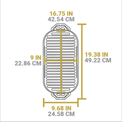 Dimensional drawing of product. Total length is 19.38 inches, total width is 9.6 inches, length of cooking surface is 16.75 inches, width of cooking surface is 9 inches.