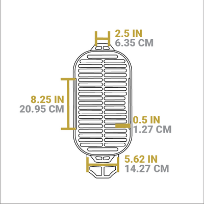 Dimensional drawing of product. Distance between grates is 0.5 inches, width of carry handles is 2.5 inches, width of base is 5.62 inches.