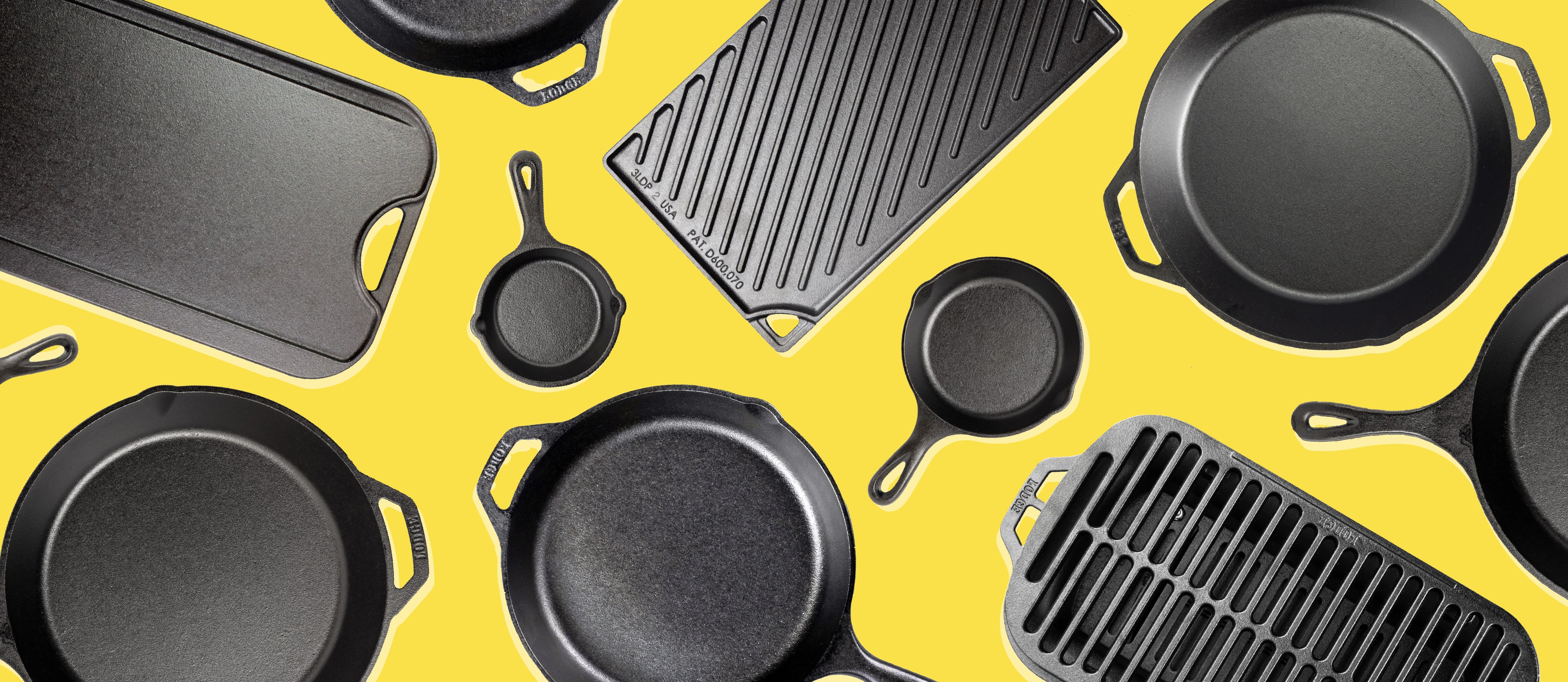 An assortment of black cast iron cookware, including skillets, sauteries, and griddles, arranged in a flat-lay pattern on a bright yellow background.