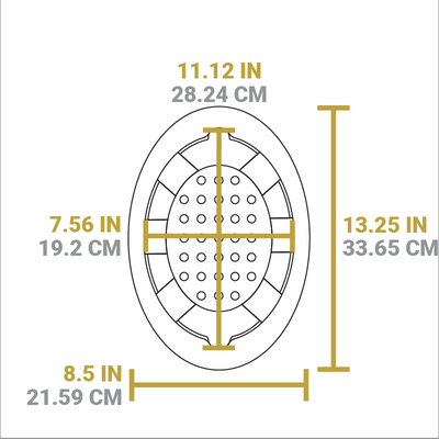 Dimensional drawing of product. Total length is 13.25 inches. total width is 8.5 inches, width of indent for server is 7.56 inches, length is 11.12 inches.