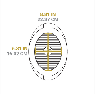 Dimensional drawing of product. Width of flat bottom is 6.31 inches, length is 8.81 inches.